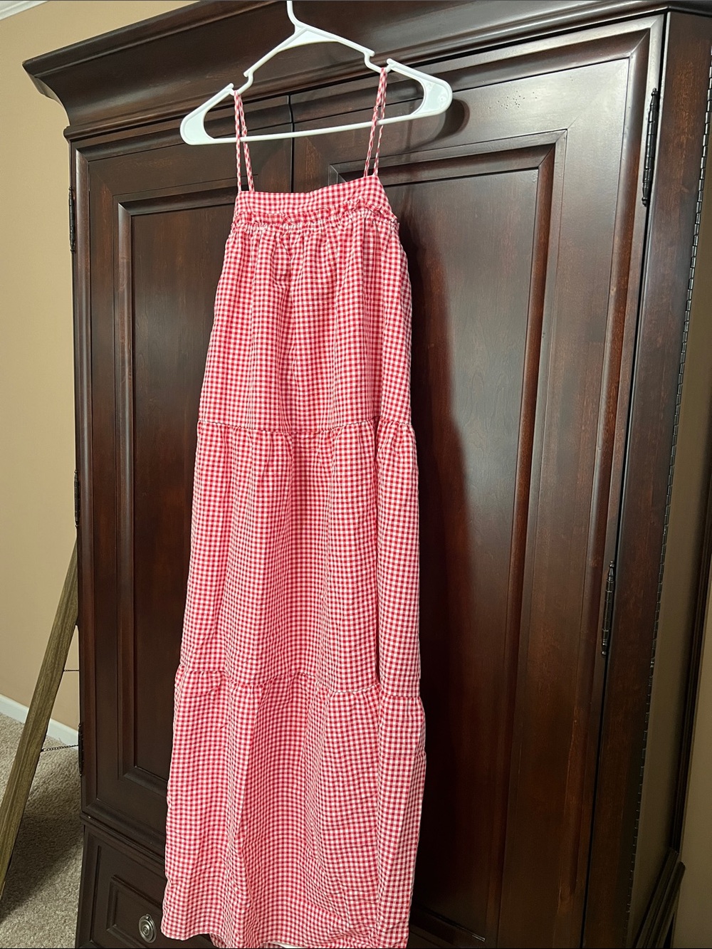 Peach Love California Red and White Gingham Tiered Maxi Dress